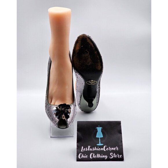 Prada Women's Silver Sequin Embellished High Heel Pumps Peep Toe Sz 9 (39.5) 374 - Picture 5 of 16